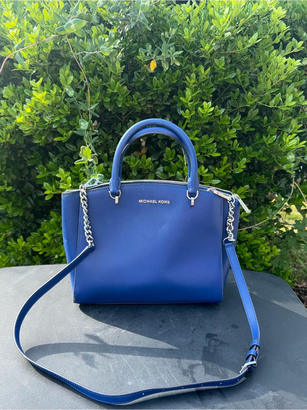 Michael Kors Cobalt Blue Leather Satchel with Chain-Trim Strap